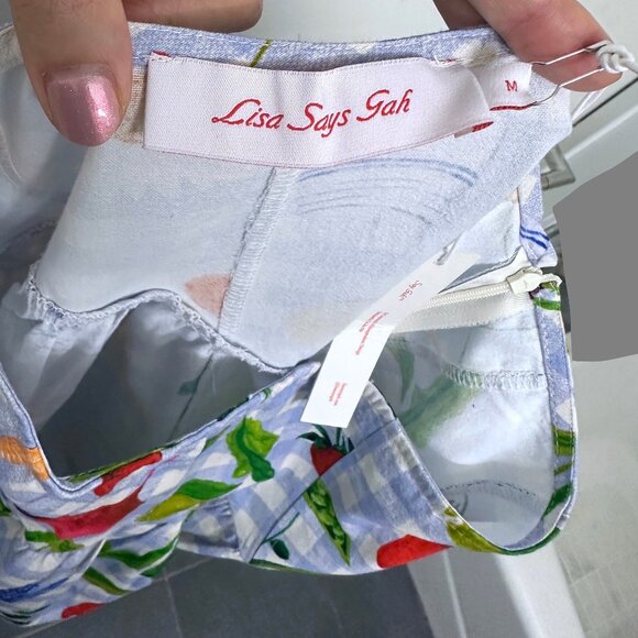 NWT Lisa Says Gah Maeve Picnic Alfresco Midi Skirt Food Vegetable Blue Gingham M - Picture 4 of 14